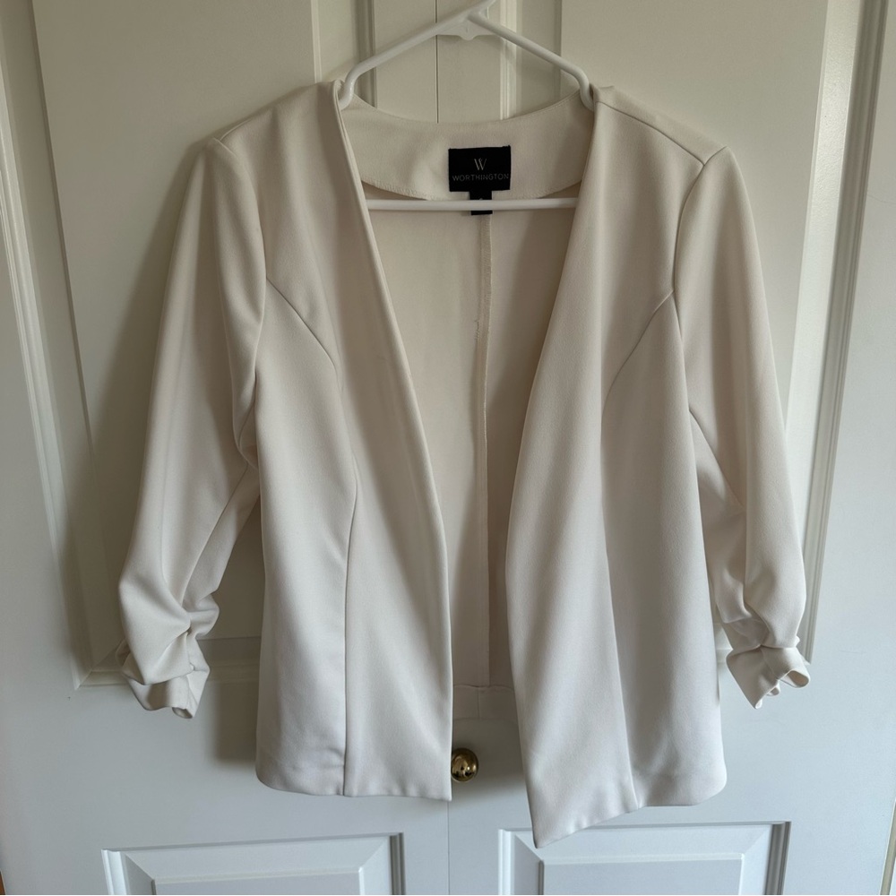 Worthington 3/4 Sleeve Open Blazer Ruched Sleeves White Women's Jacket